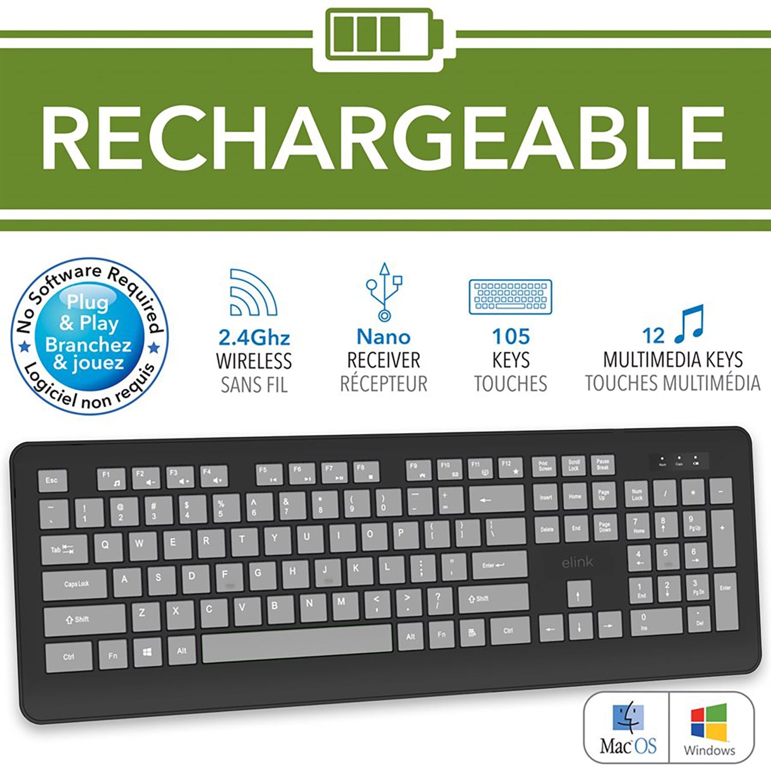 Elink KBR647 - Clavier Sans-Fil Rechargeable, 105 Touches, 2.4Ghz, Noir - Simple Boutique