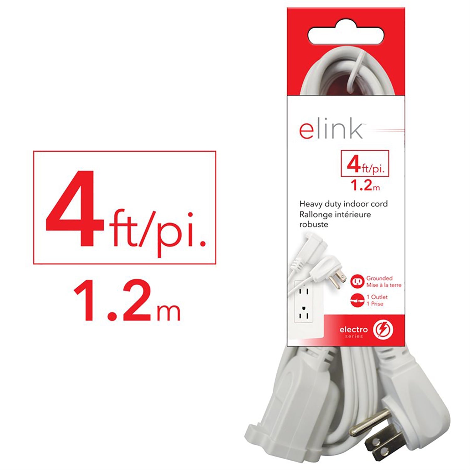 Elink - Lot de 2 Rallonge Électrique Intérieure, 1 Prise, Longueur de 4 Pieds, Blanc - Simple Boutique