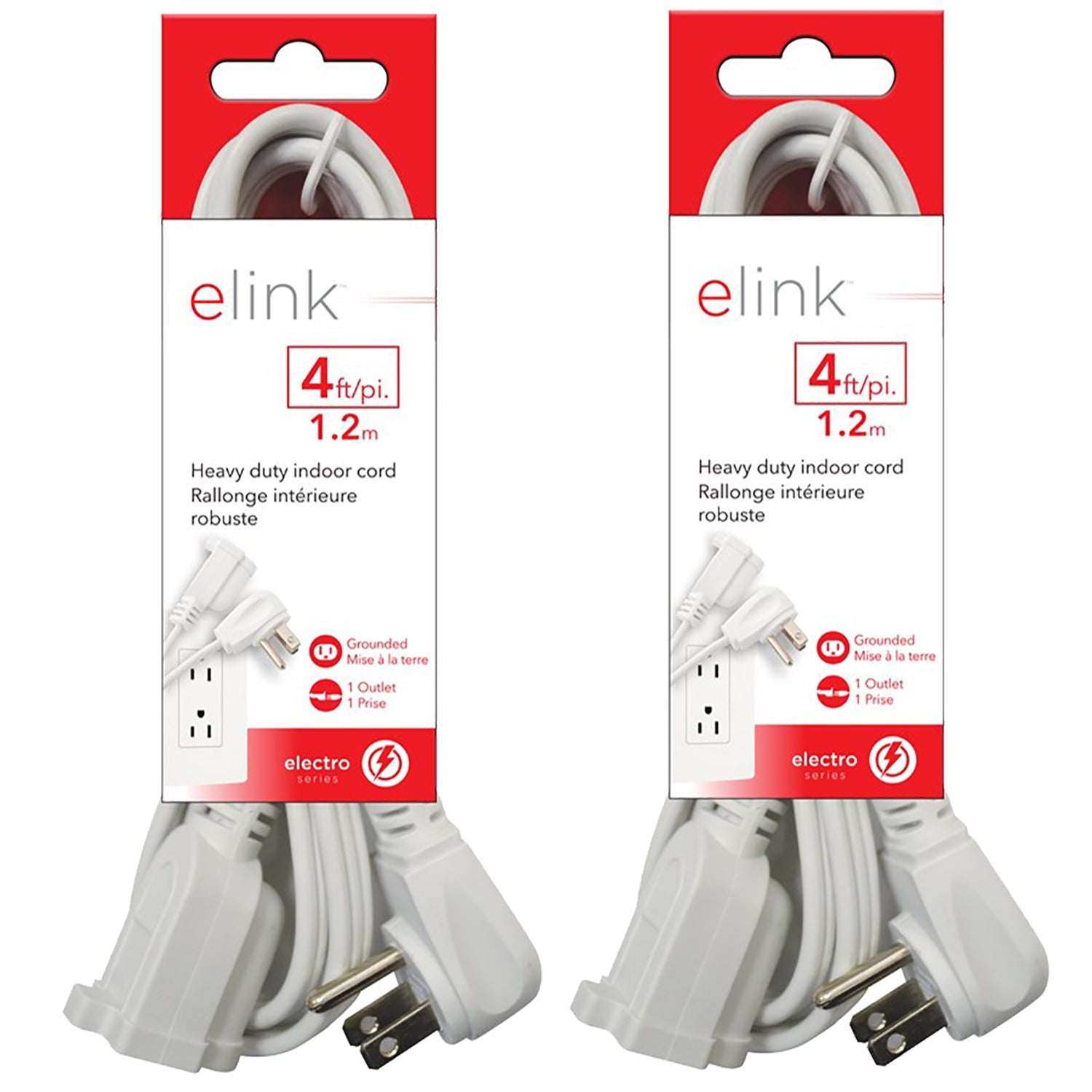 Elink - Lot de 2 Rallonge Électrique Intérieure, 1 Prise, Longueur de 4 Pieds, Blanc - Simple Boutique