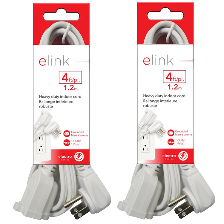 Elink - Lot de 2 Rallonge Électrique Intérieure, 1 Prise, Longueur de 4 Pieds, Blanc - Simple Boutique