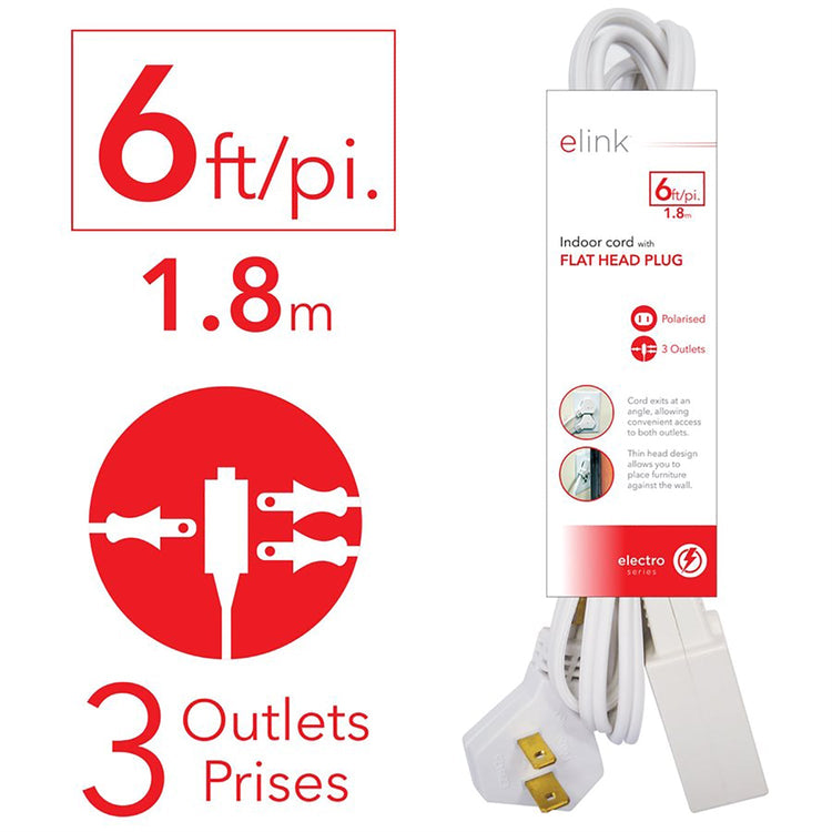 Elink - Lot de 3 Rallonge Électrique avec Fiche à Tête Plate, 3 Prises, Longeur de 6 Pieds, Blanc - Simple Boutique
