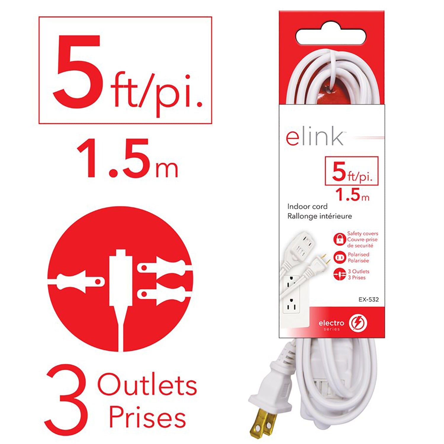 Elink - Lot de 3 Rallonges Électrique Intérieur à 3 Prises, Longueur de 5 Pieds, Blanc - Simple Boutique