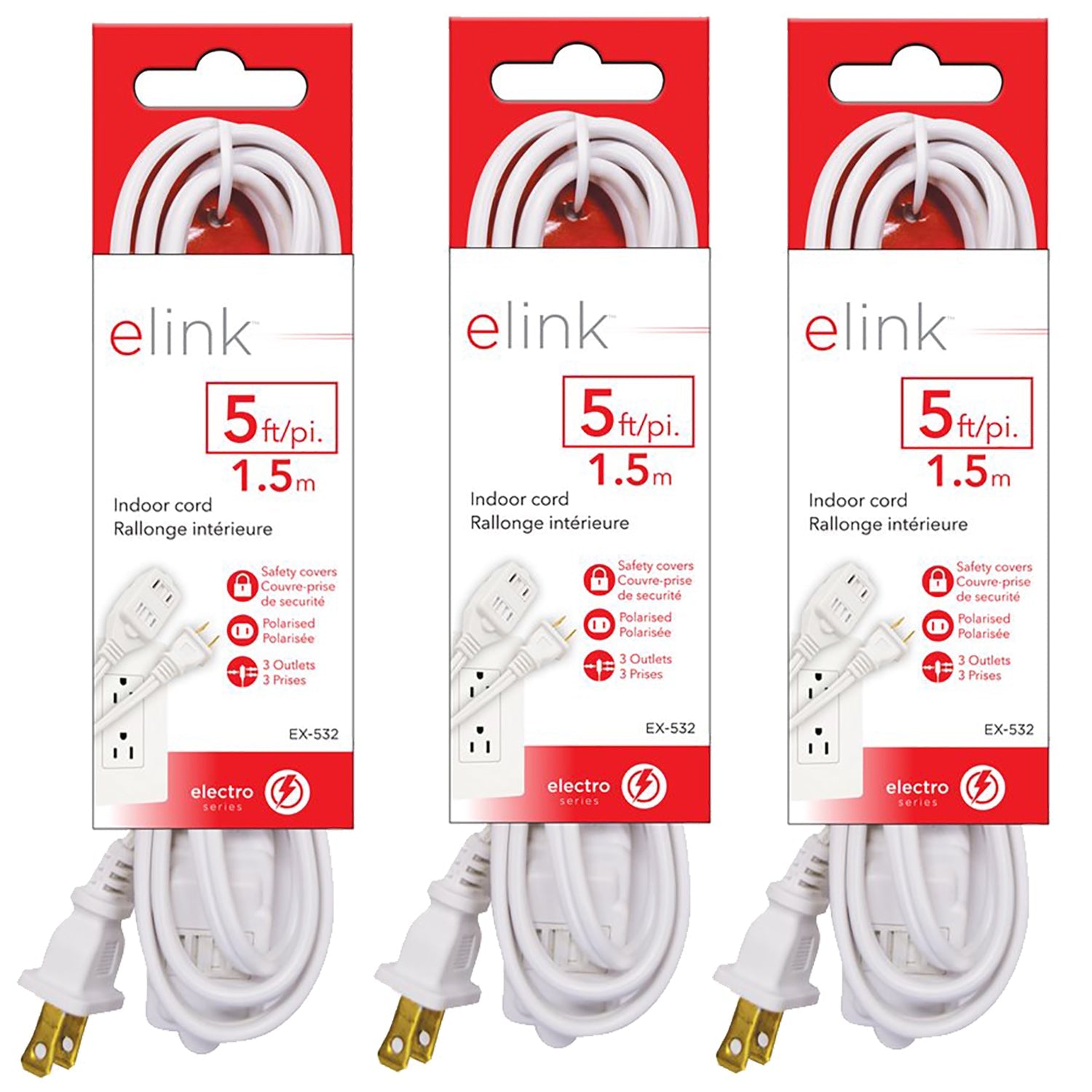Elink - Lot de 3 Rallonges Électrique Intérieur à 3 Prises, Longueur de 5 Pieds, Blanc - Simple Boutique