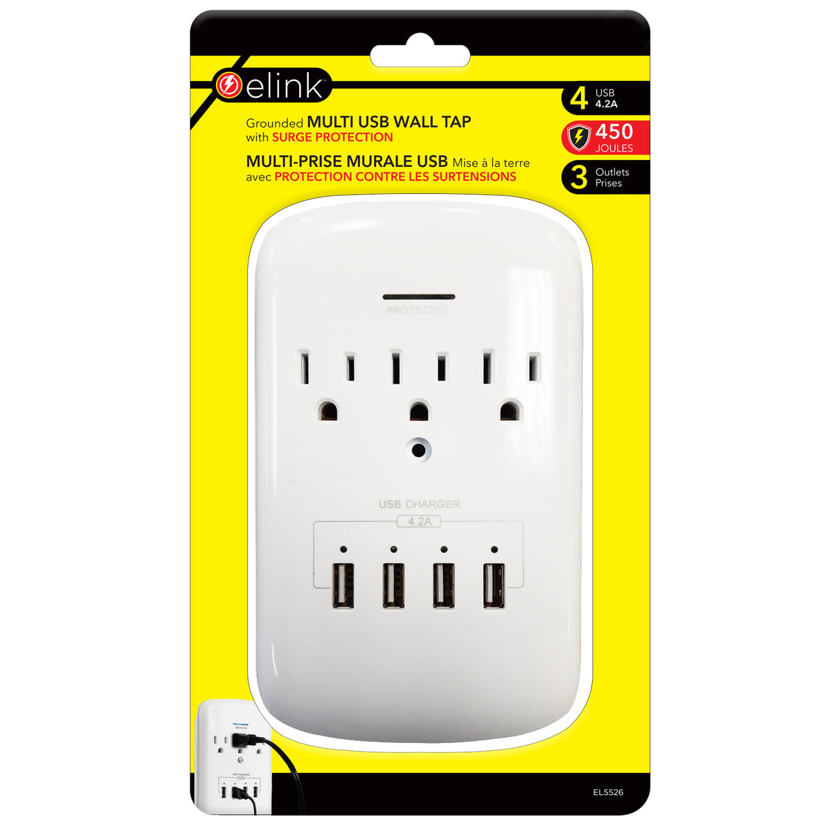 Elink Multiprise murale 3 prises et 4 ports USB avec protection contre les surtensions, blanche - Simple Boutique