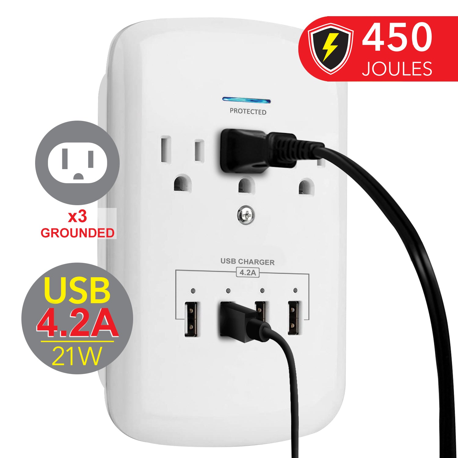 Elink Multiprise murale 3 prises et 4 ports USB avec protection contre les surtensions, blanche - Simple Boutique