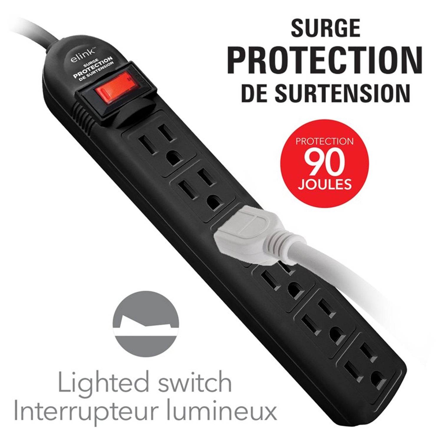 Elink - Protecteur de Surtension à 6 Prises, Protection 90 Joules, Cordon de 2 Pieds, Noir - Simple Boutique
