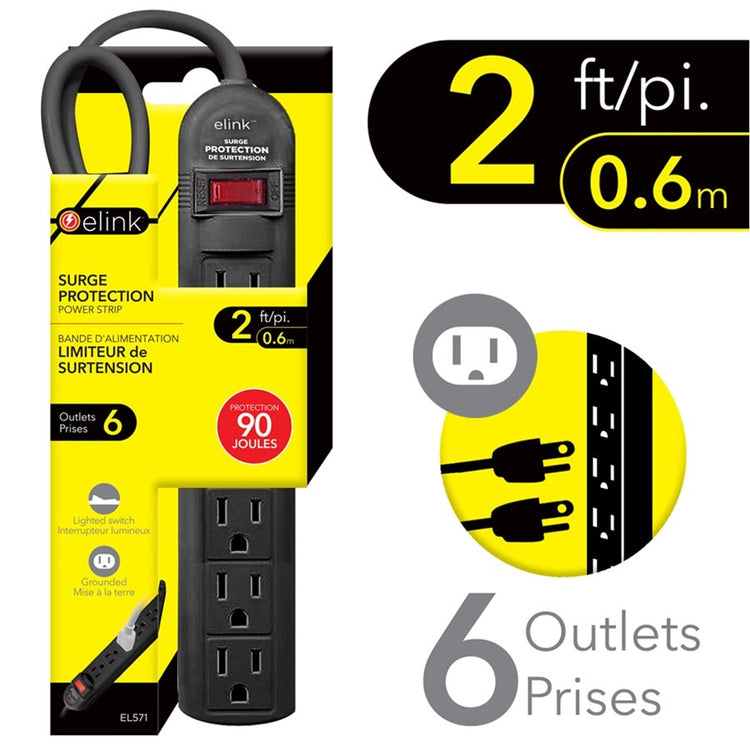Elink - Protecteur de Surtension à 6 Prises, Protection 90 Joules, Cordon de 2 Pieds, Noir - Simple Boutique