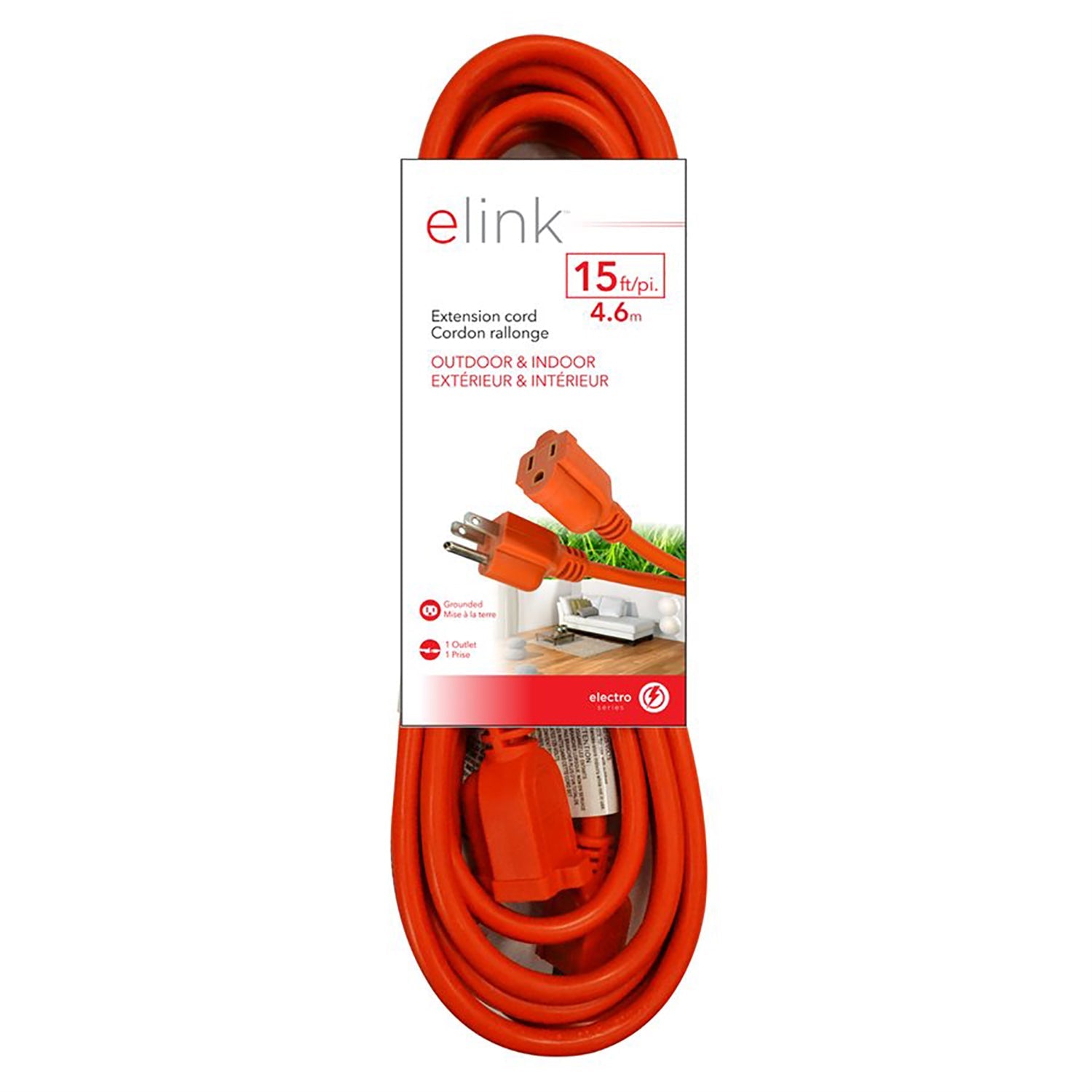 Elink - Rallonge Électrique Extérieur à 1 Prise, Longueur de 15 Pieds, Orange - Simple Boutique