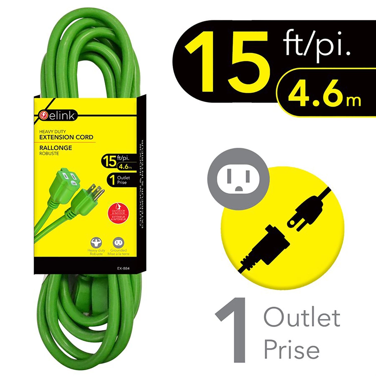 Elink - Rallonge Électrique Extérieur à 1 Prise, Longueur de 15 Pieds, Vert - Simple Boutique