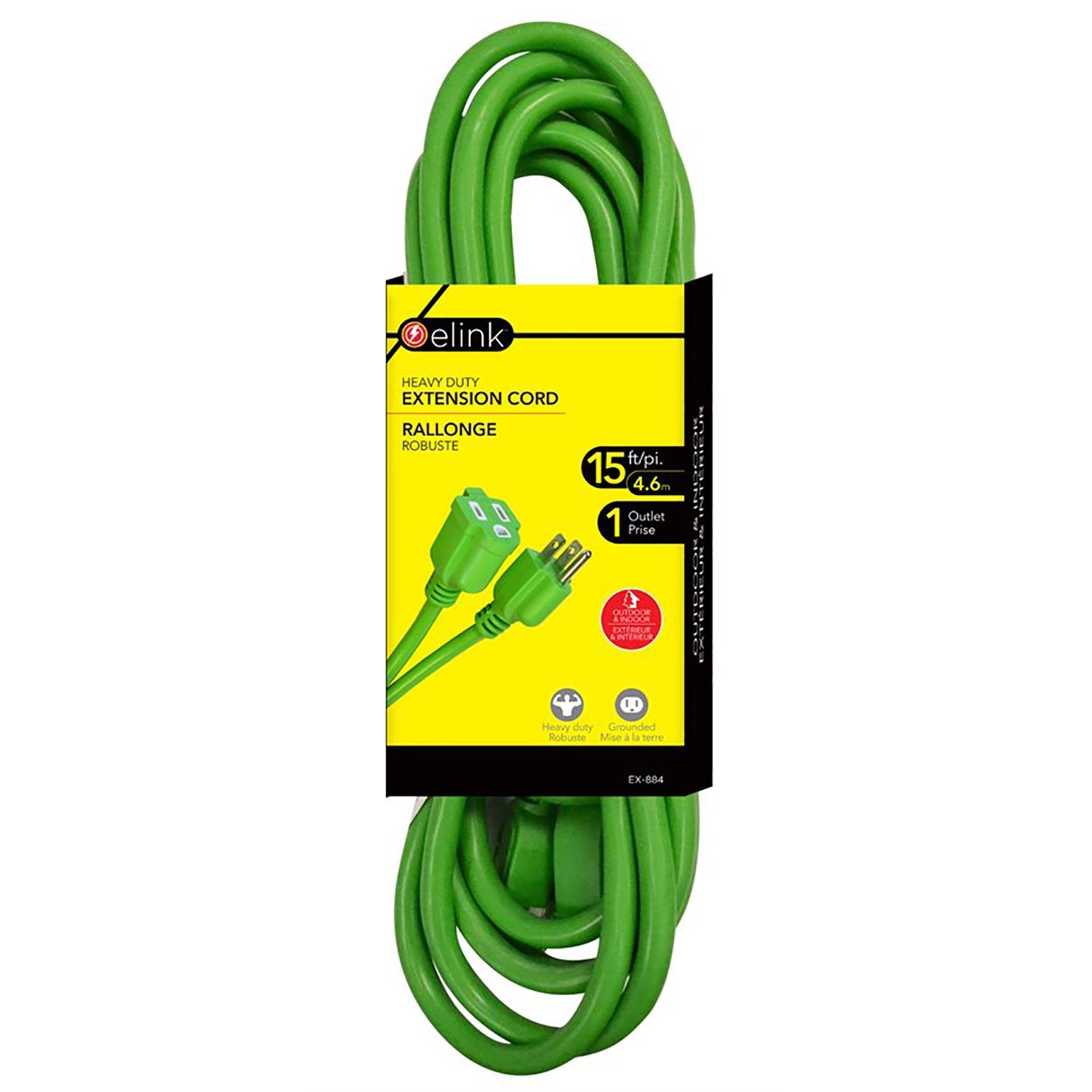 Elink - Rallonge Électrique Extérieur à 1 Prise, Longueur de 15 Pieds, Vert - Simple Boutique