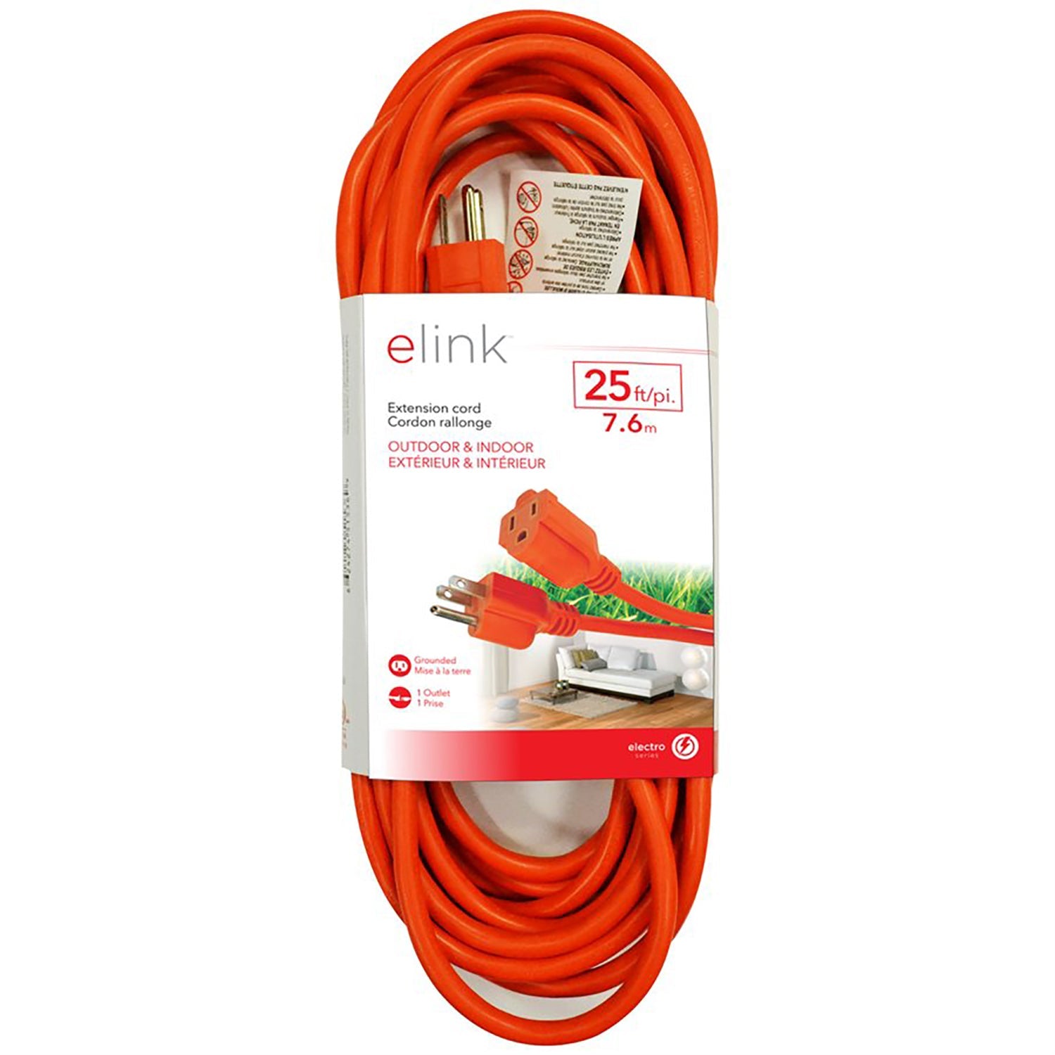 Elink - Rallonge Électrique Extérieur à 1 Prise, Longueur de 25 Pieds, Orange - Simple Boutique