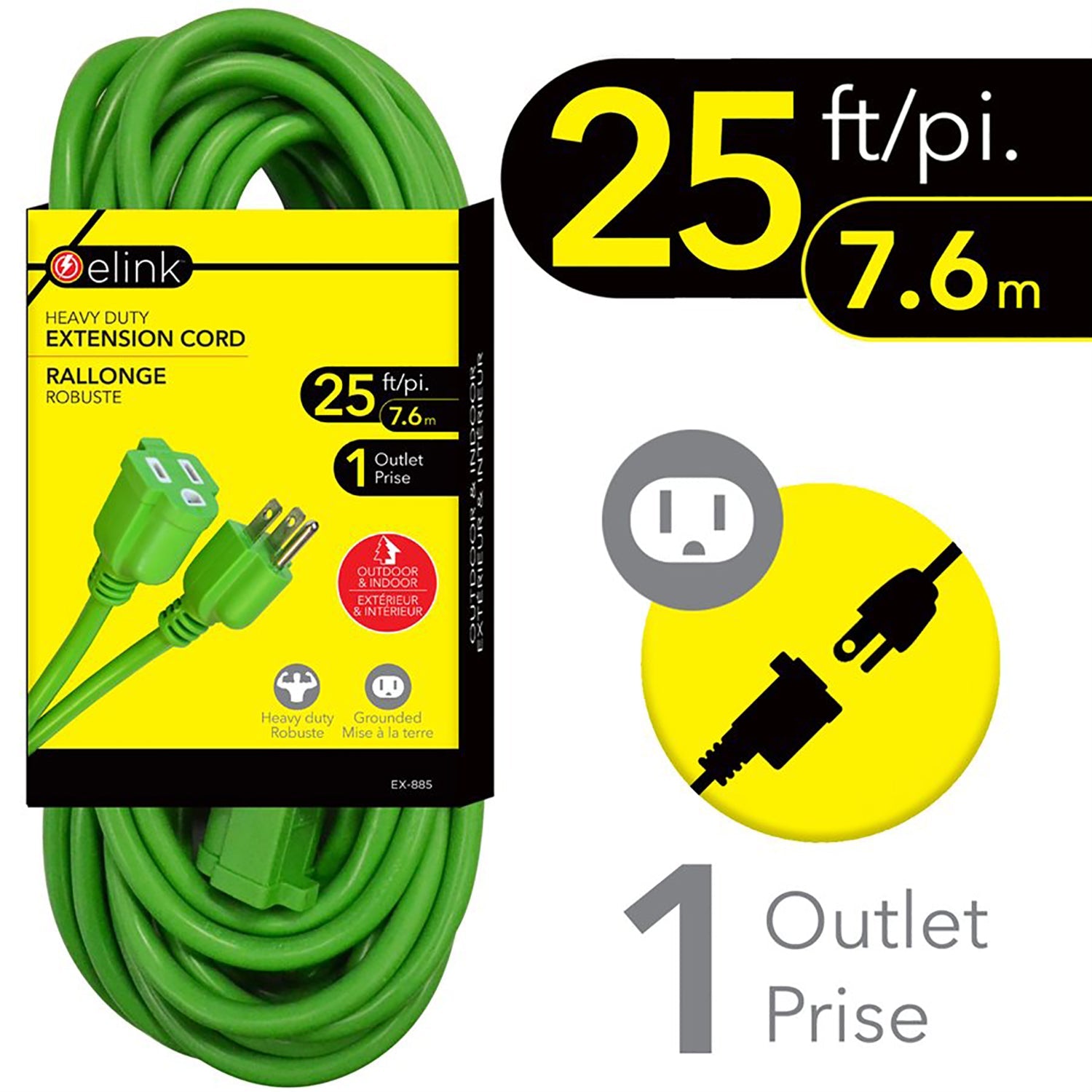 Elink - Rallonge Électrique Extérieur à 1 Prise, Longueur de 25 Pieds, Vert - Simple Boutique