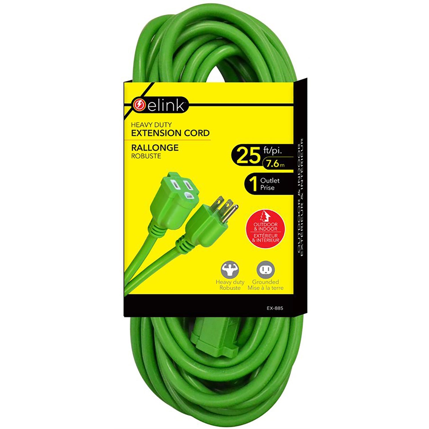 Elink - Rallonge Électrique Extérieur à 1 Prise, Longueur de 25 Pieds, Vert - Simple Boutique