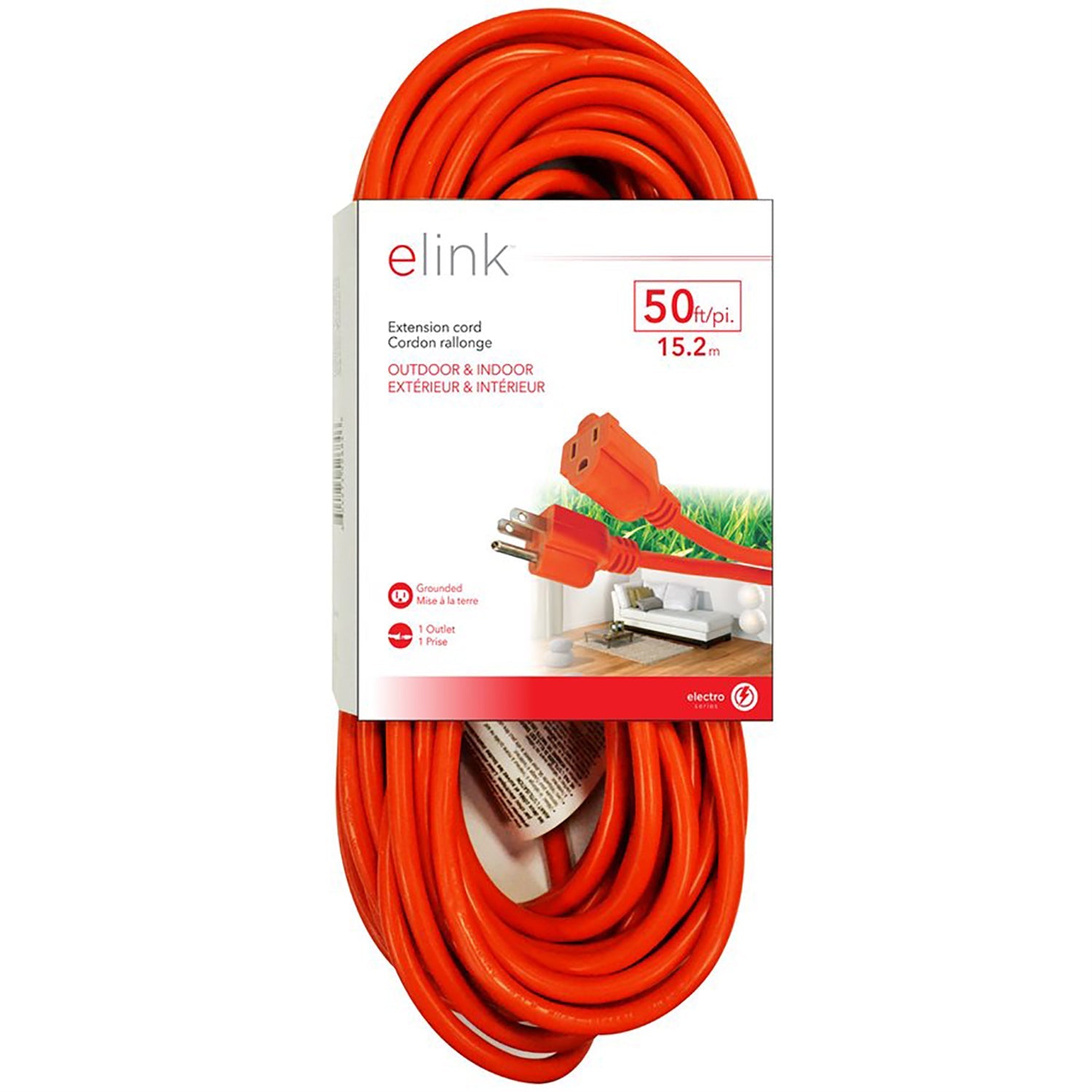 Elink - Rallonge Électrique Extérieur à 1 Prise, Longueur de 50 Pieds, Orange - Simple Boutique