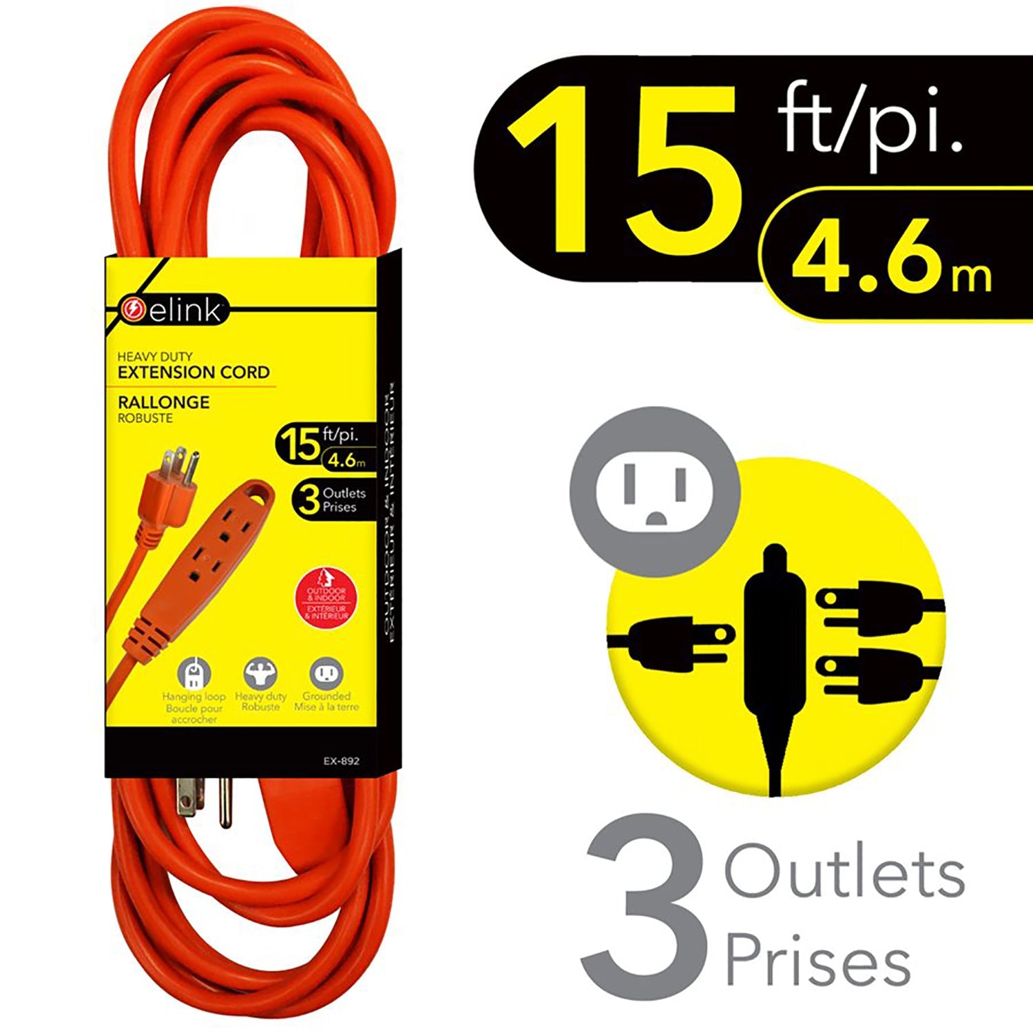 Elink - Rallonge Électrique Extérieur à 3 Prise, Longueur de 15 Pieds, Orange - Simple Boutique