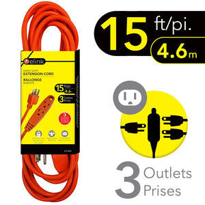 Elink - Rallonge Électrique Extérieur à 3 Prise, Longueur de 15 Pieds, Orange - Simple Boutique