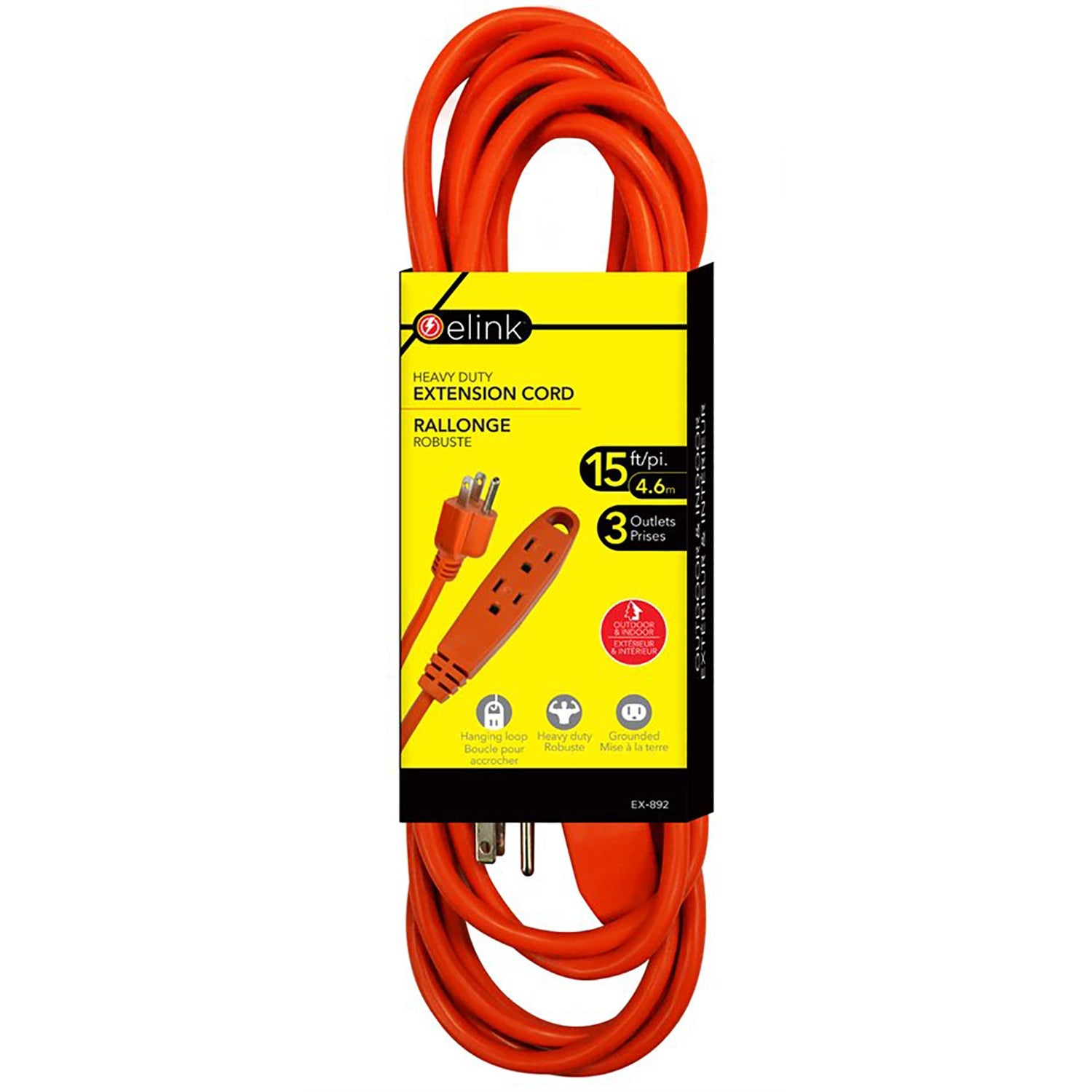 Elink - Rallonge Électrique Extérieur à 3 Prise, Longueur de 15 Pieds, Orange - Simple Boutique