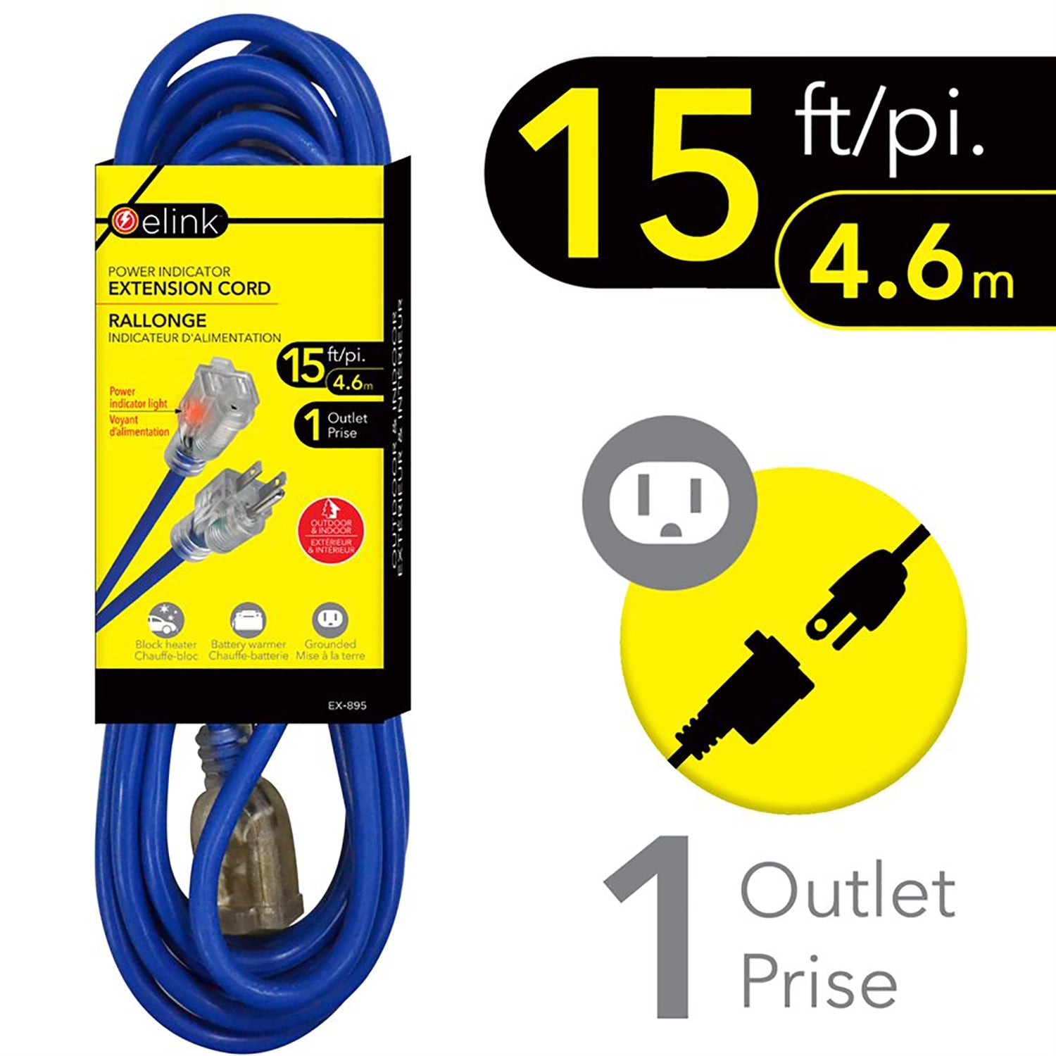 Elink - Rallonge Électrique Extérieure avec Indicateur Lumineux D'alimentation, Longueur de 15 Pieds, Bleu - Simple Boutique