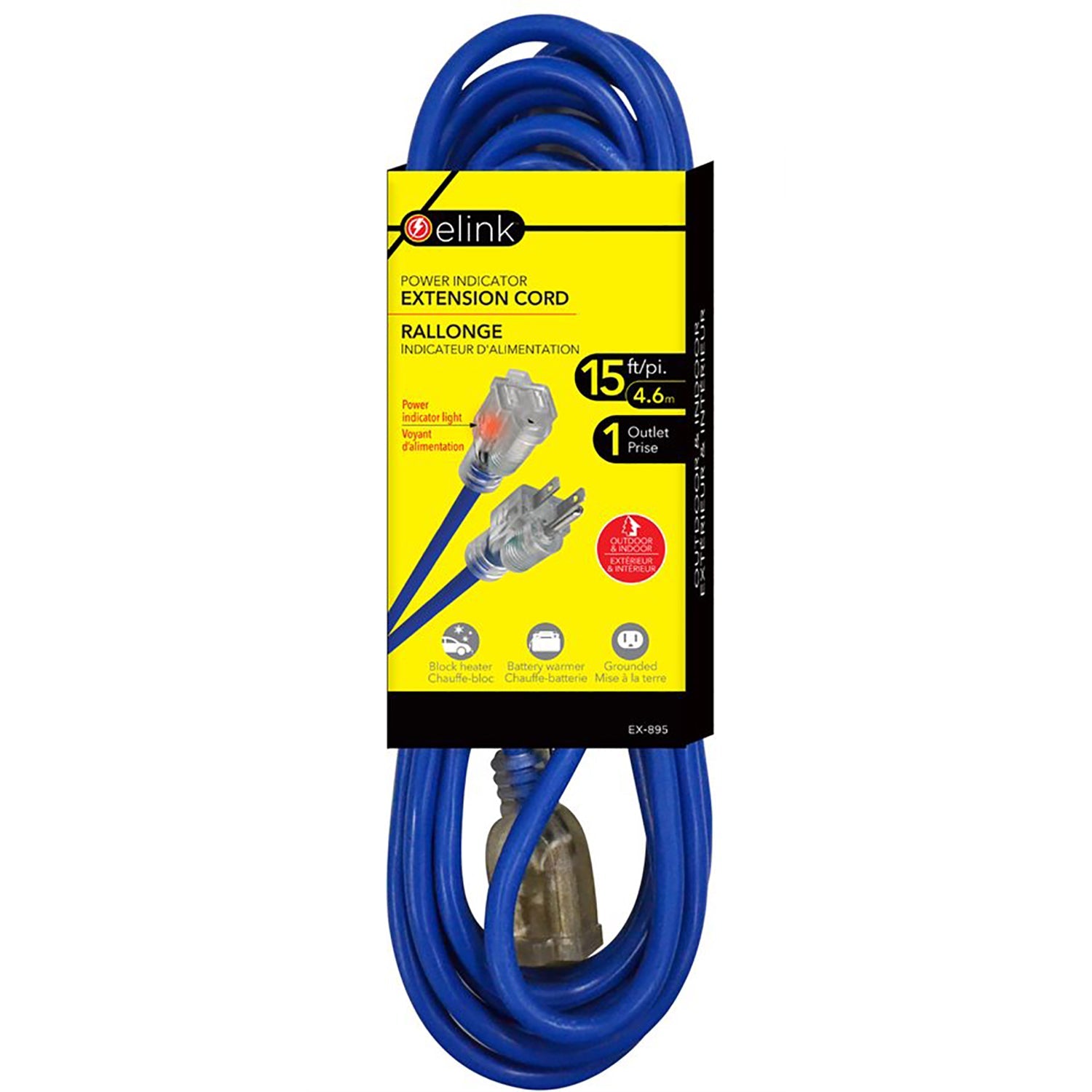 Elink - Rallonge Électrique Extérieure avec Indicateur Lumineux D'alimentation, Longueur de 15 Pieds, Bleu - Simple Boutique