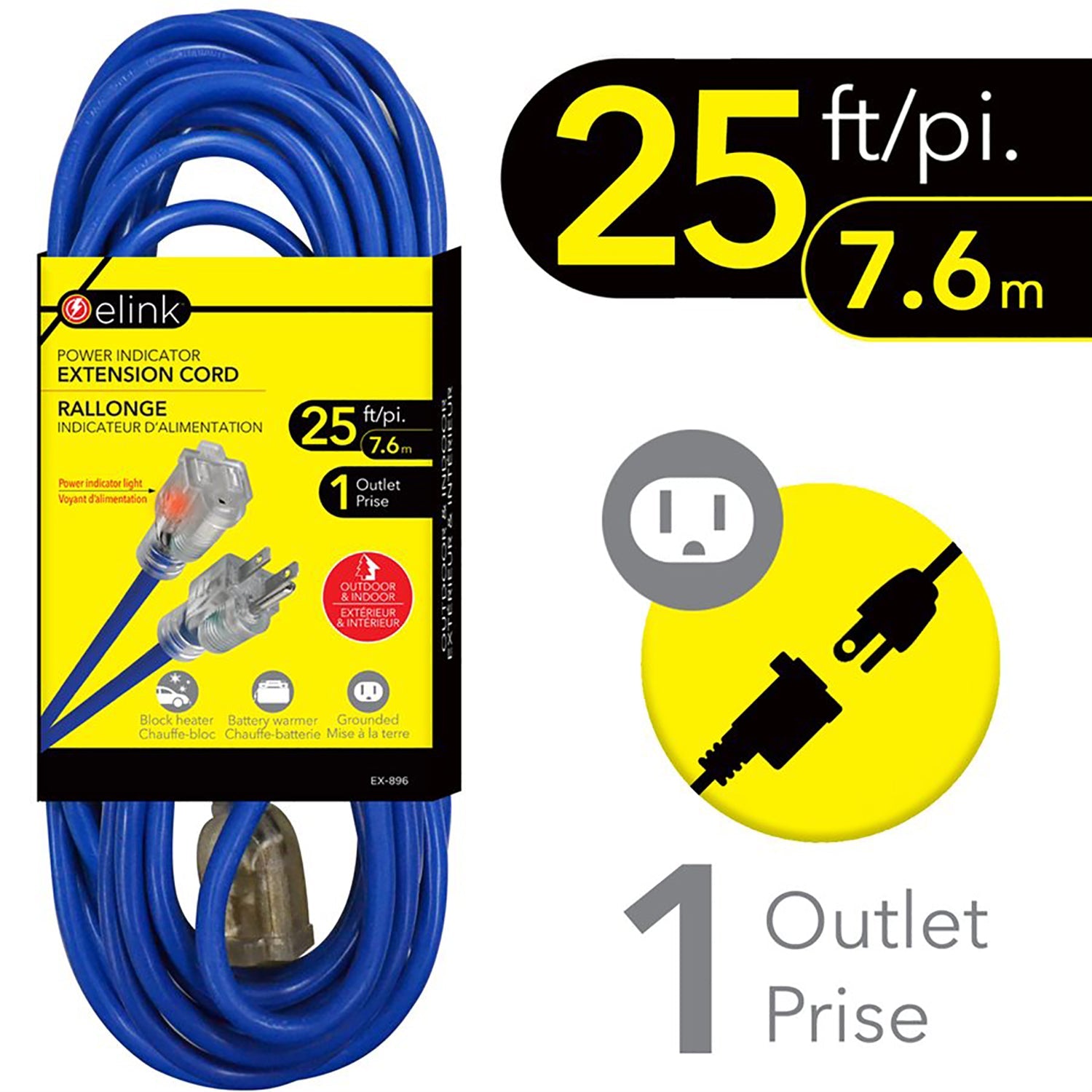 Elink - Rallonge Électrique Extérieure avec Indicateur Lumineux D'alimentation, Longueur de 25 Pieds, Bleu - Simple Boutique