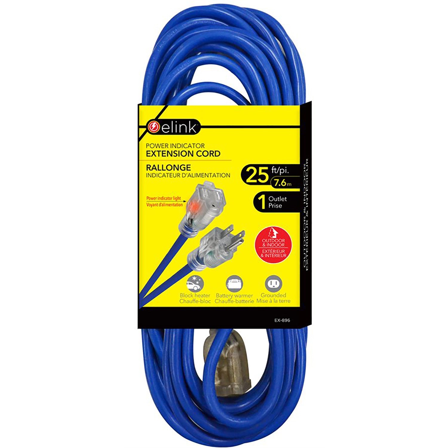 Elink - Rallonge Électrique Extérieure avec Indicateur Lumineux D'alimentation, Longueur de 25 Pieds, Bleu - Simple Boutique