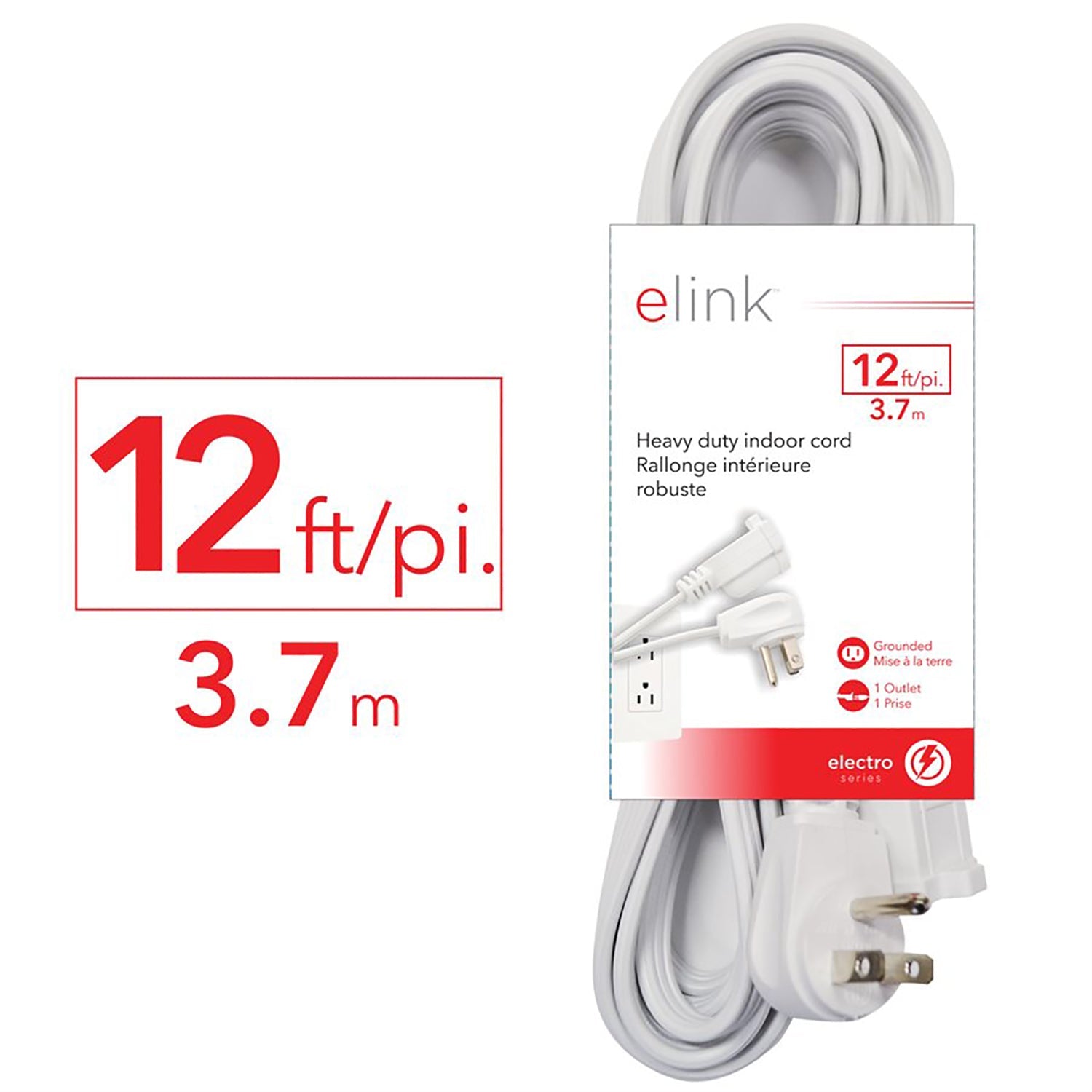 Elink - Rallonge Électrique Intérieure, 1 Prise, Longueur de 12 Pieds, Blanc - Simple Boutique