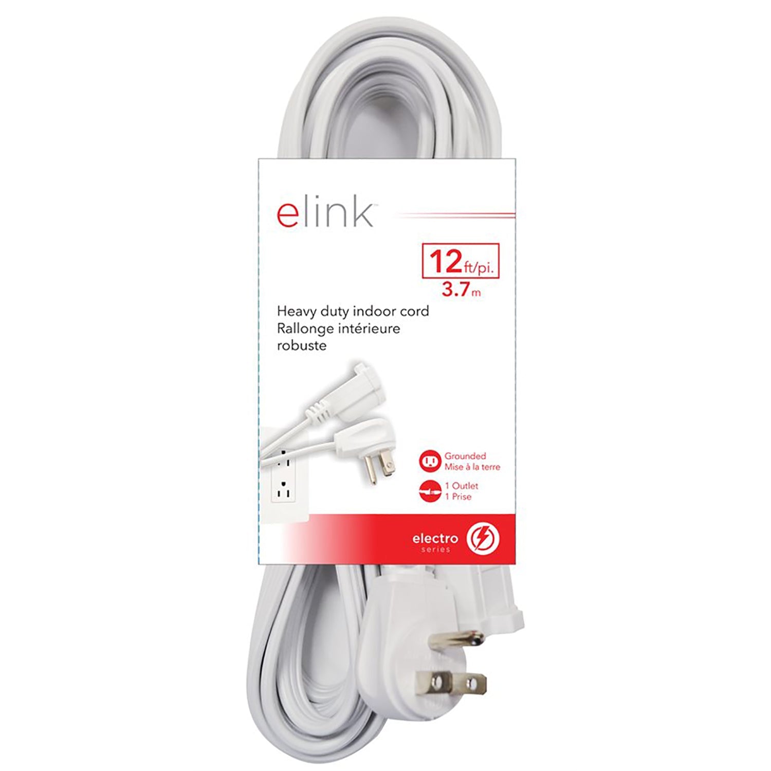 Elink - Rallonge Électrique Intérieure, 1 Prise, Longueur de 12 Pieds, Blanc - Simple Boutique