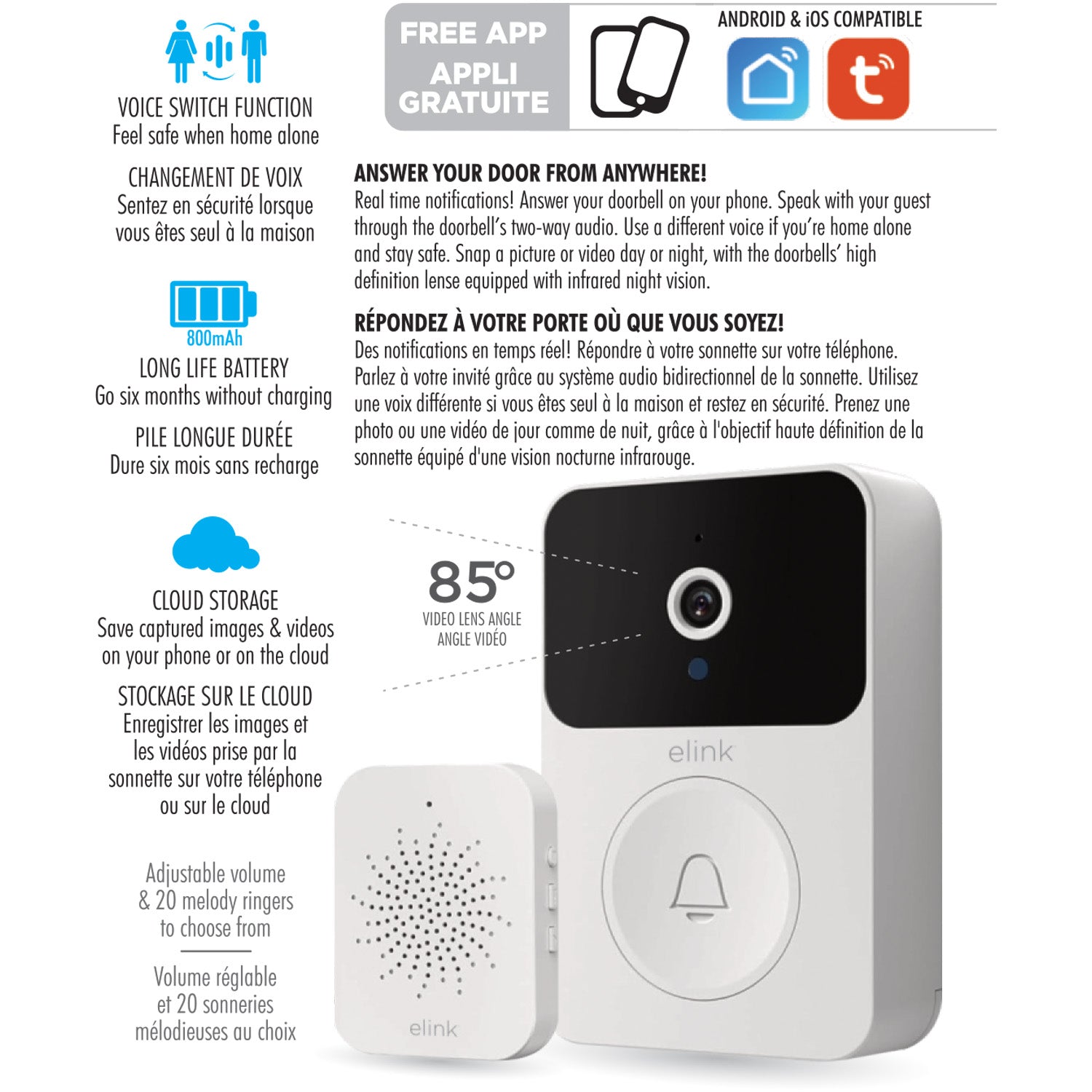 Elink Sonnette Vidéo Sans Fil Rechargeable avec Carillon, Vision Nocturne et Audio Bidirectionnel, Blanc - Simple Boutique