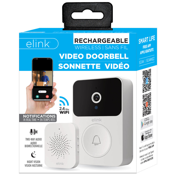 Elink Sonnette Vidéo Sans Fil Rechargeable avec Carillon, Vision Nocturne et Audio Bidirectionnel, Blanc - Simple Boutique