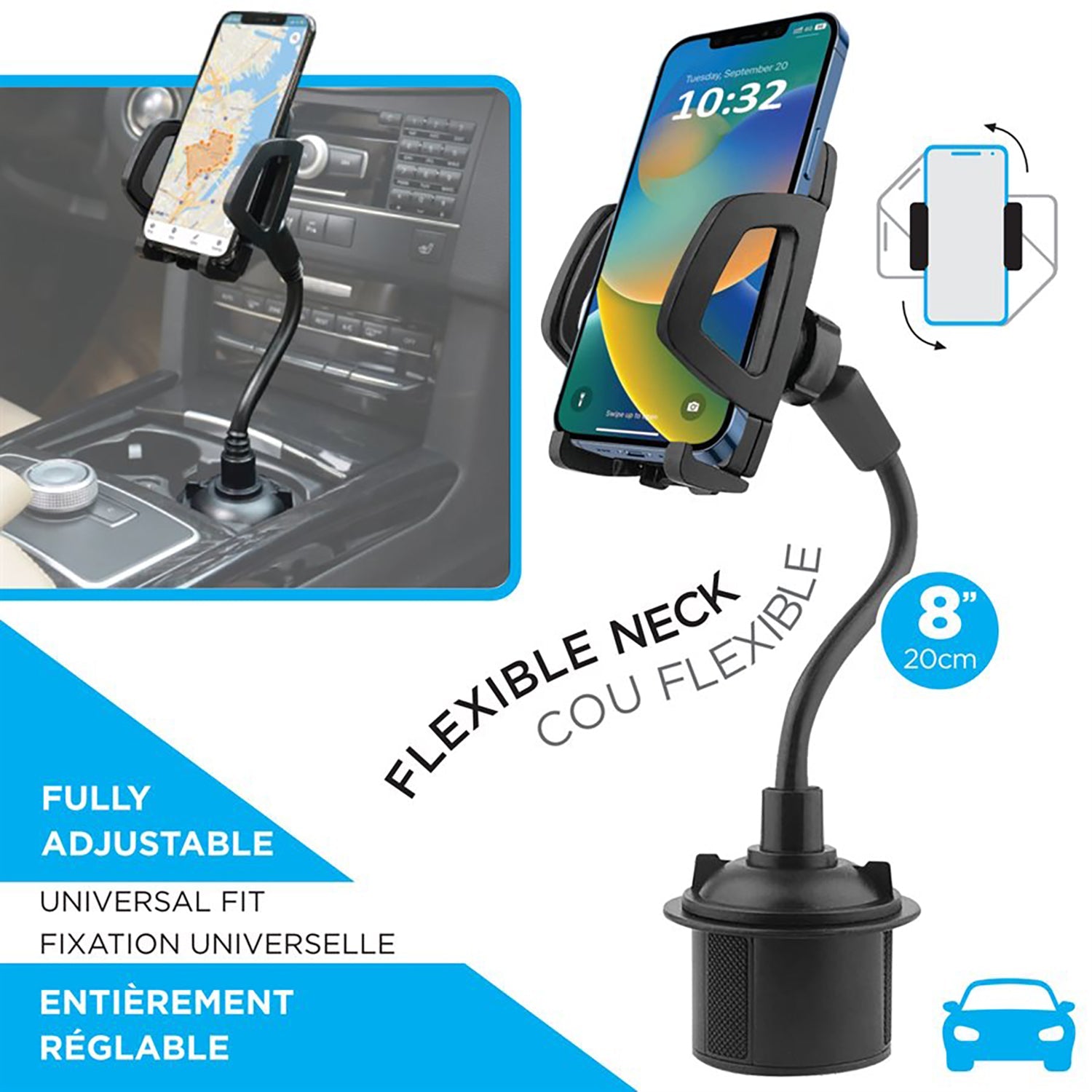Elink - Support de Téléphone Universel avec Tête Rotative, Pour Porte-Gobelet de Voiture, Noir - Simple Boutique