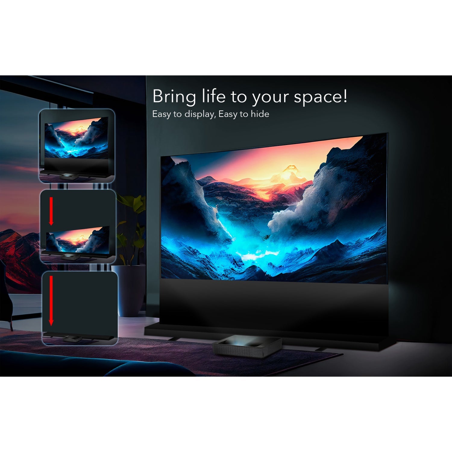 EluneVision - Écran de Projection ALR Motorisé au Sol "Tab-Tension", Aurora 8K, 16:9, Rejet de la Lumière Ambiante, Focal Ultra Courte - Simple Boutique