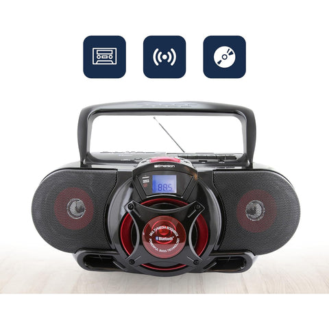 Emerson - BoomBox Portable avec Lecteur CD et Casette, Bluetooth, Radio AM/FM, Entrée USB, Rouge