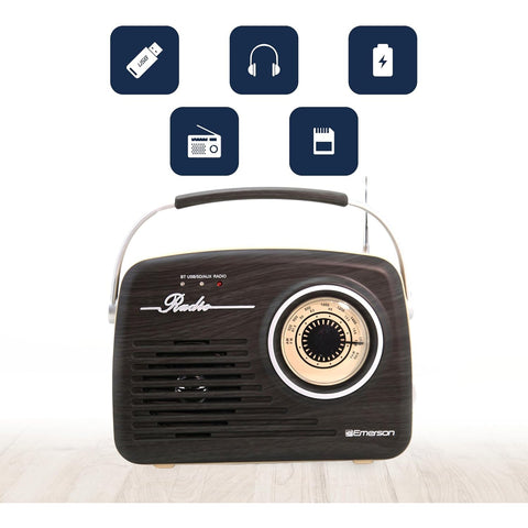 Emerson - Radio Rétro Portable avec Batterie Rechargeable, Bluetooth 5.0