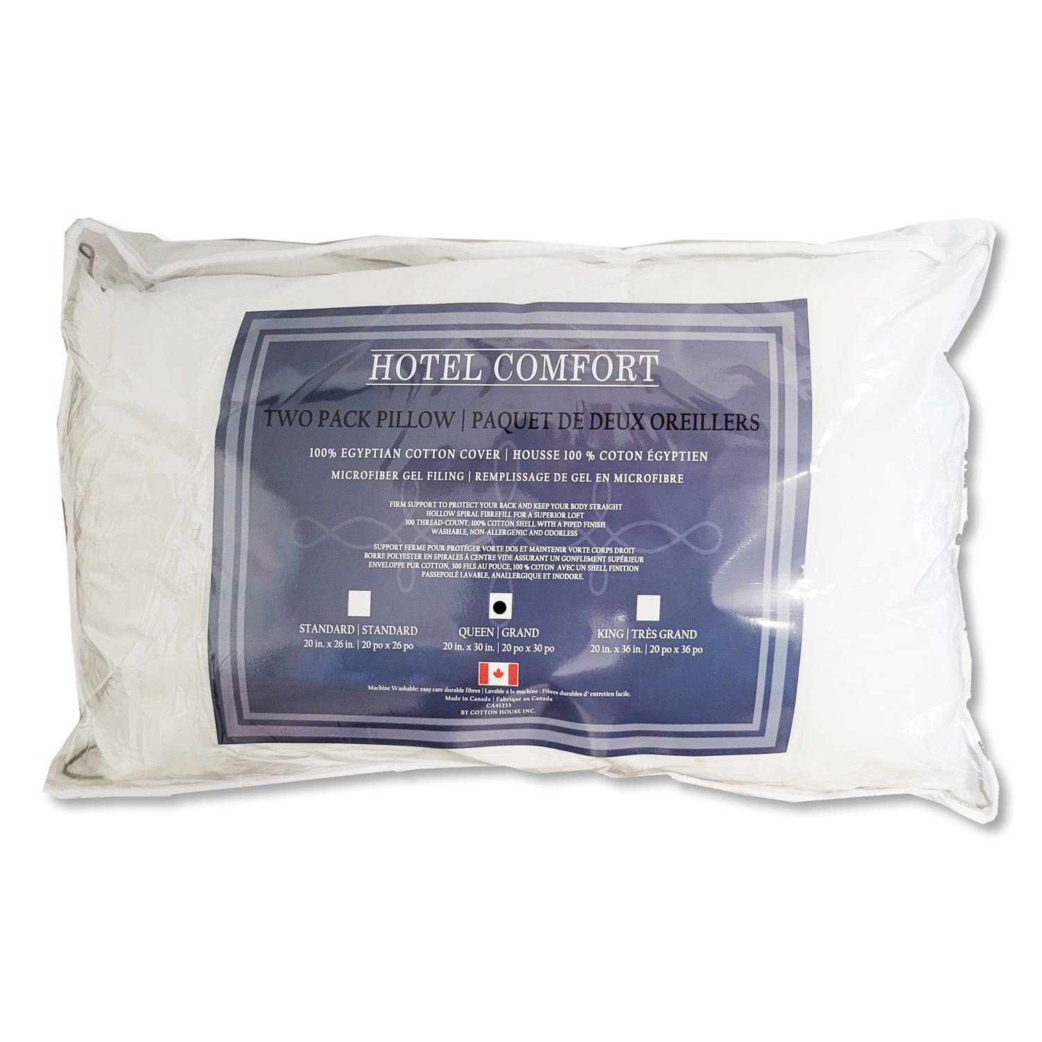 Ensemble de Deux Oreillers, Gel en Microfibre, Housse 100% Coton Égyptien, Grandeur Queen, Fabriqué au Canada - Simple Boutique