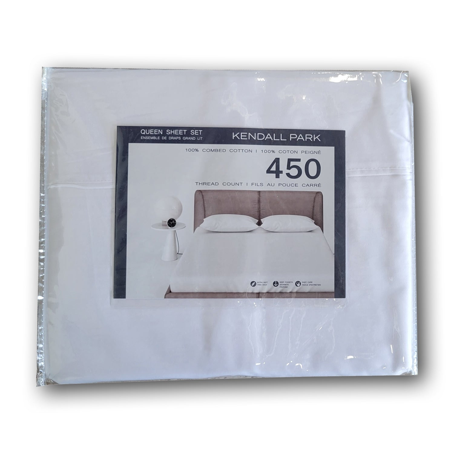 Ensemble de Draps 100% Coton, 450 Fils au Pouce Carré, Grandeur Queen, Blanc - Simple Boutique