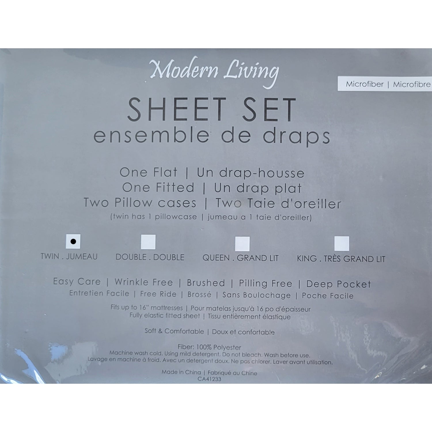 Ensemble de Draps en Microfibre, Infroissable, Grandeur Twin, Gris - Simple Boutique