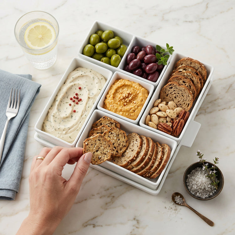 Ensemble de service JS Gourmet 7 pièces en porcelaine blanche avec plateau en ardoise - Simple Boutique