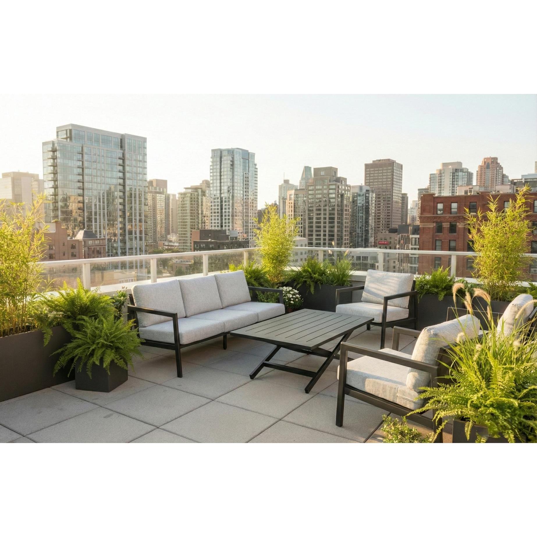 Ensemble patio 5 places Danemark – Sofa, fauteuils et table relevable, noir avec coussins gris clair - Simple Boutique