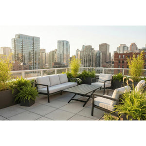 Ensemble patio 5 places Danemark – Sofa, fauteuils et table relevable, noir avec coussins gris clair - Simple Boutique