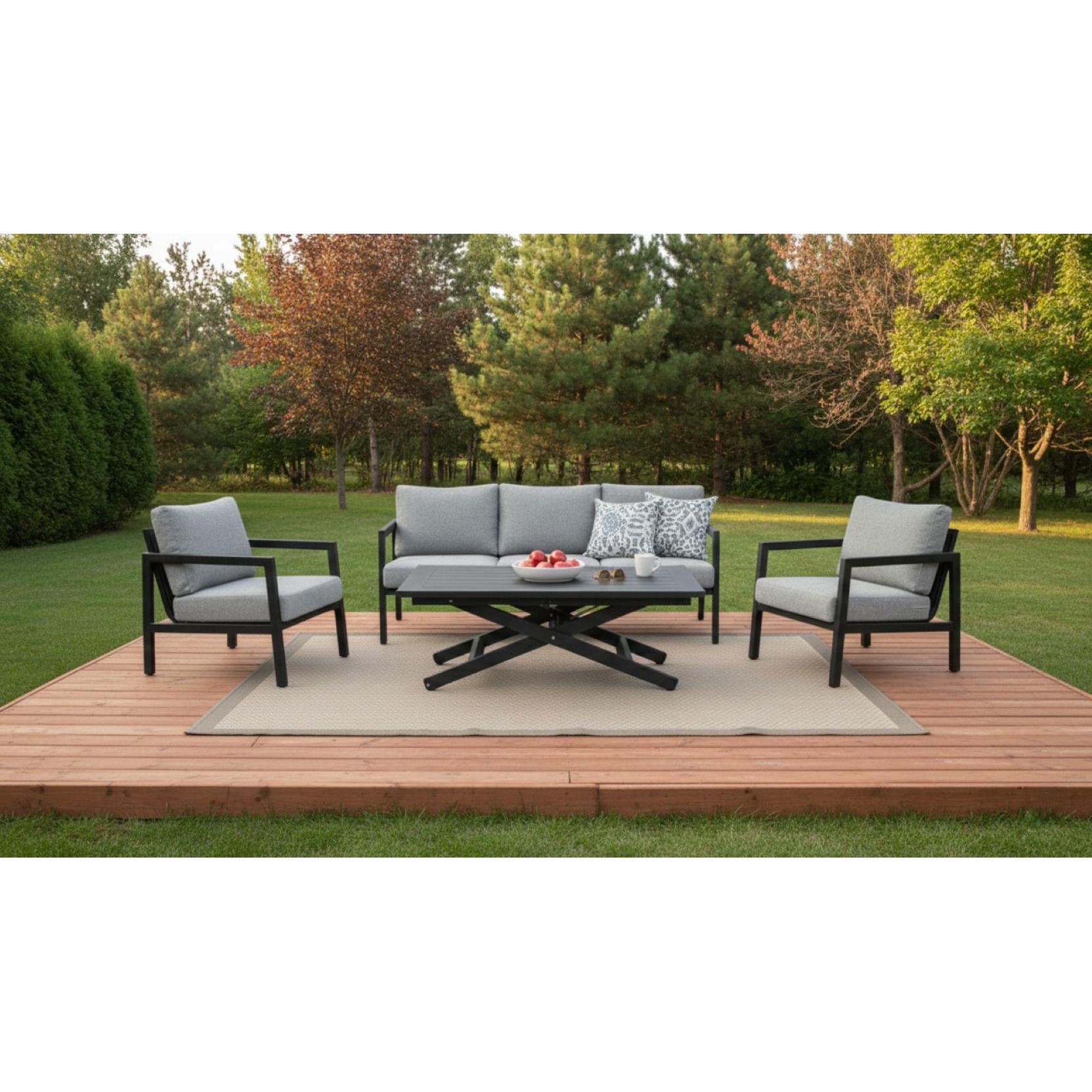 Ensemble patio 5 places Danemark – Sofa, fauteuils et table relevable, noir avec coussins gris clair - Simple Boutique