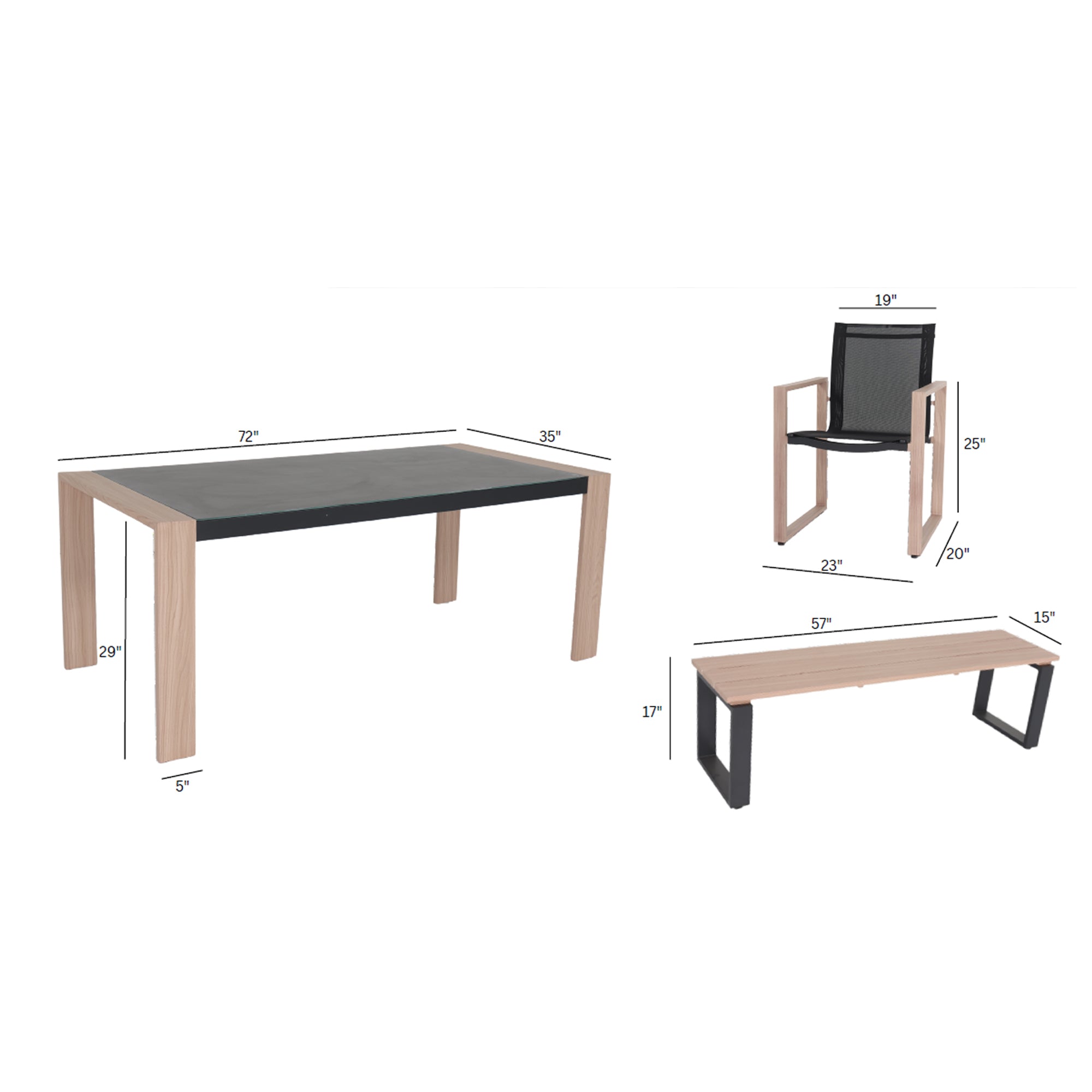 Ensemble patio Nozay 6 places – Table, chaises et banc noir ave effet bois - Simple Boutique