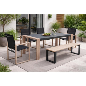 Ensemble patio Nozay 6 places – Table, chaises et banc noir ave effet bois - Simple Boutique