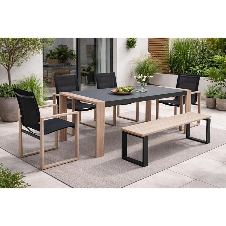 Ensemble patio Nozay 6 places – Table, chaises et banc noir ave effet bois - Simple Boutique