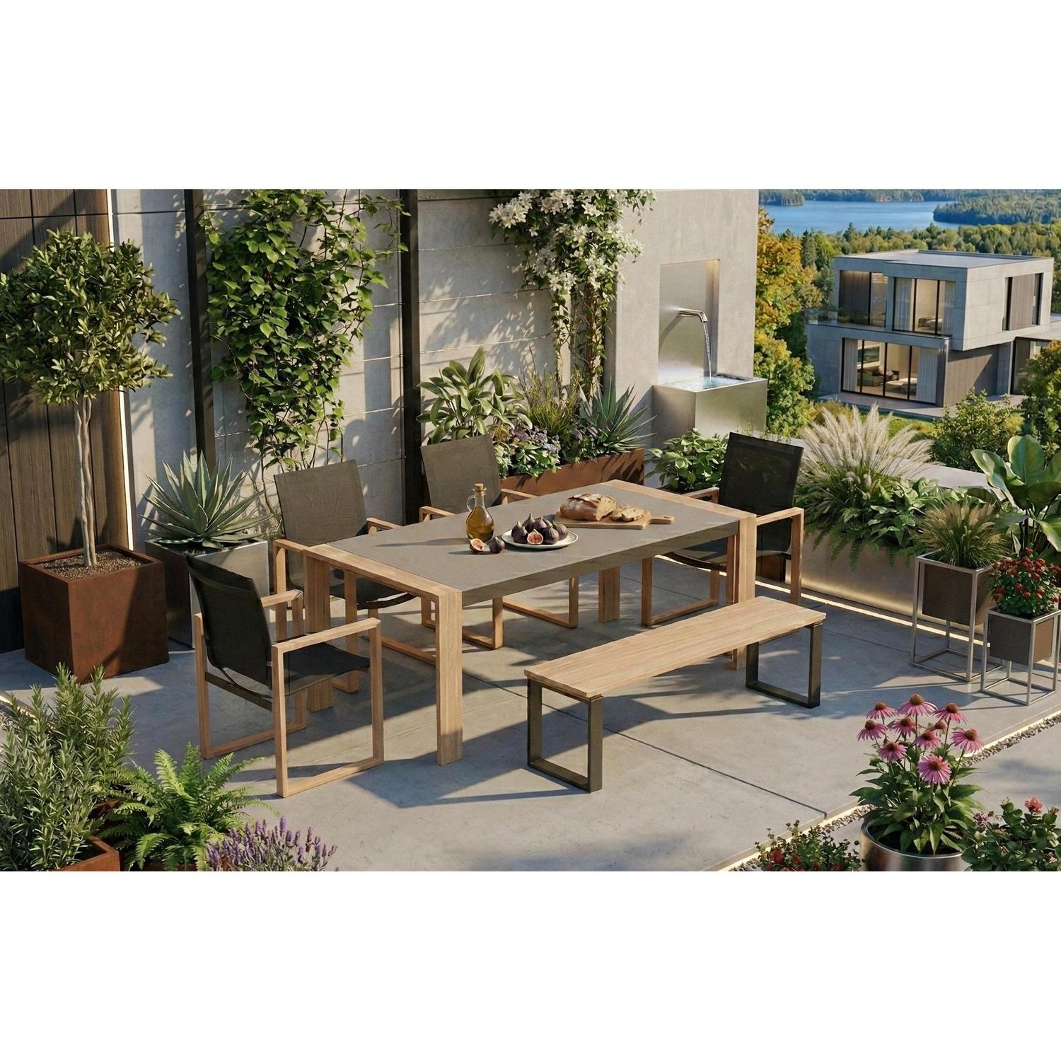 Ensemble patio Nozay 6 places – Table, chaises et banc noir ave effet bois - Simple Boutique