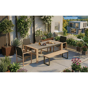 Ensemble patio Nozay 6 places – Table, chaises et banc noir ave effet bois - Simple Boutique