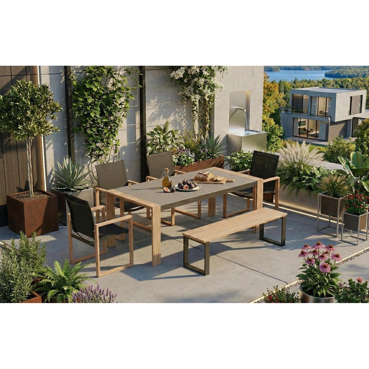 Ensemble patio Nozay 6 places – Table, chaises et banc noir ave effet bois - Simple Boutique