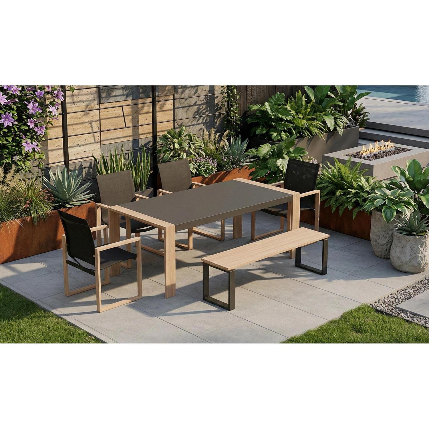 Ensemble patio Nozay 6 places – Table, chaises et banc noir ave effet bois - Simple Boutique