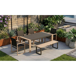 Ensemble patio Nozay 6 places – Table, chaises et banc noir ave effet bois - Simple Boutique