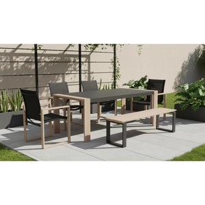 Ensemble patio Nozay 6 places – Table, chaises et banc noir ave effet bois - Simple Boutique
