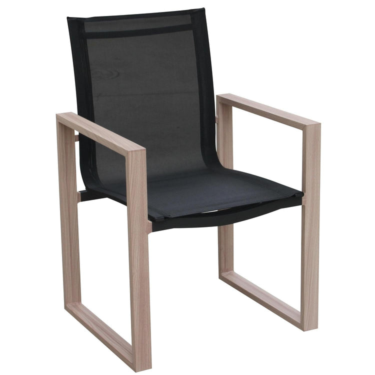 Ensemble patio Nozay 6 places – Table, chaises et banc noir ave effet bois - Simple Boutique